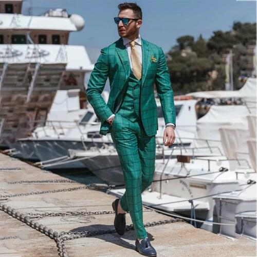 Green Plaid Mens Suits 3 Pieces Prom Tuxedo Groomsmen Wedding Suit Fashion Men Business Blazer Fomal Jacket Pants Vest