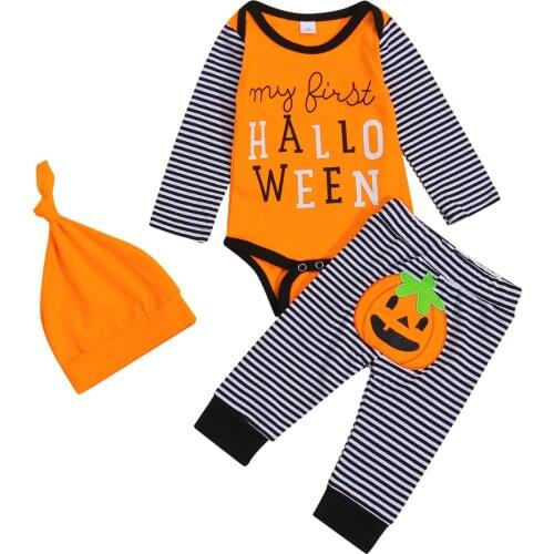 Halloween Costume Toddler Baby Boys Clothes Striped Letter Printed Long Sleeve Romper Pumpkin Pants Hats Childrens Clothing Set