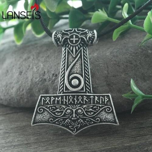 Lanseis 1pcs viking men necklace Mjolnir pendant Thors hammer Norse God jewelry Maxine Miller runes Wiccan pendant