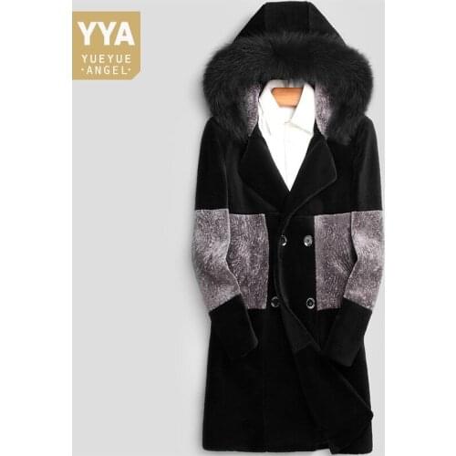 Winter Double Breasted Sheep Shearing Coats Men Patchwork Natural Wool Cashmere Long Jacket Luxury Real Fur Hooded Overcoat Male