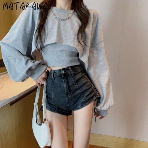 Matakawa Autumn Sweatshirts Korean Fashion O Neck Long Sleeve High Street Short Pullovers Solid Loose All-match Sweatshirt