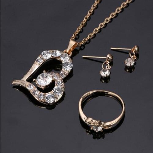Luxury Love Heart Pendant Rhinestone Necklace Ring Earrings Women Jewelry Set
