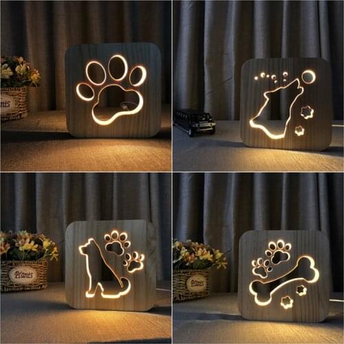 LED Creative USB Night Light Wooden Dog Paw Wolf Head Lamp Kids Bedroom Decoration Warm Light Table Lamp For Children Gift Lamps