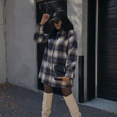 New Pop Fall Winter Women Jacket Plaid Coat Belted Full Sleeves Oversized Lapel Collar Classic Vogue Outerwear Tops Women