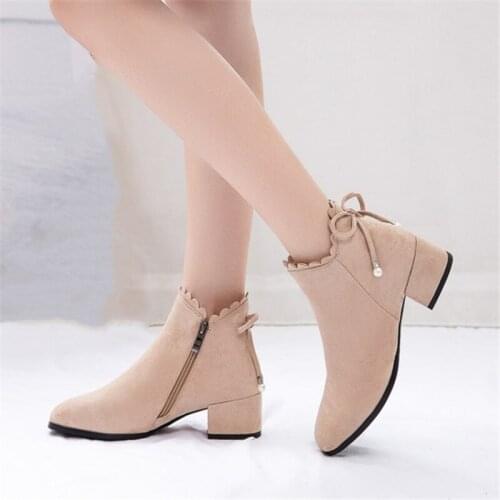 PXELENA Sweet Ruffles Women Ankle Boots Faux Suede Block Med Heels Zip Back Bowknot Office Lady Fashion Boots Female Shoes 34-43