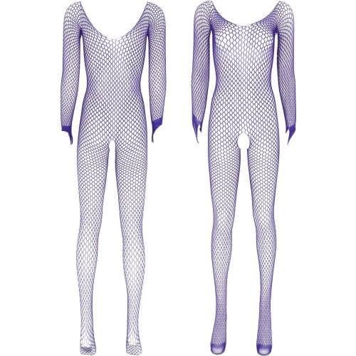 Womens Erotic Lingerie Bodystocking See-through Mesh Pantyhose Round Neck Long Sleeve Crotchless Bodycon Stretchy Sexy Sleepwear