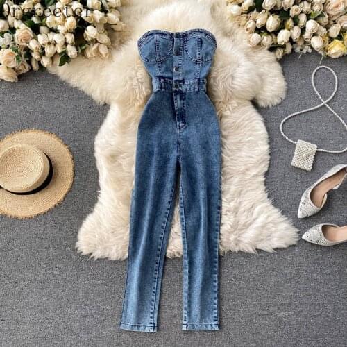 High Street Skinny Sexy Off-shoulder Tube top High Waist Denim Jumpsuits for Women Button Strapless Bodycon Pencil Jeans