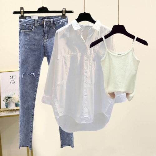 Large Size Womens Autumn Suit Women 2021 New Fashion White Vest + Solid Color Shirt + Womens Jeans Three-piece Suit