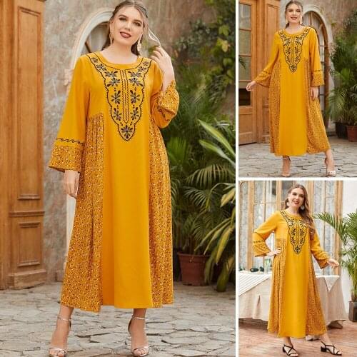 Plus Size Muslim Women Embroidery Long Dress Arab Abaya Islamic Clothing O-neck Ramadan Middle East Ethnic Loose Casual Fashion