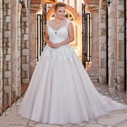 2020 Thinyfull New Arrival A Line Plus Size Wedding Dresses O Neck Cap Sleeve Tulle Bridal Gown Lace Appliques Vestidos De Novia