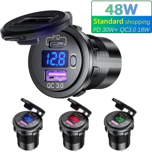 12V/24V 48W Type C PD+QC3.0 Car Lighter Socket Whit LED Voltmeter Switch USB Car Charger Universal Motorcycle Truck SUV Socket