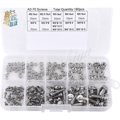 160Pcs/set M2 M2.5 M3 M4 M5 Pan Head Screws Nuts Assortment Kit Stainless Steel Cross Screws Hex Nut Fastener Hardware