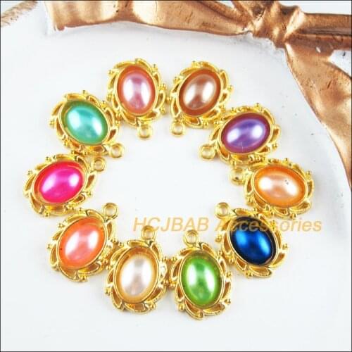 30 New Oval Charms Retro Mixed Acrylic Flower Pendants Gold Color 11x15mm