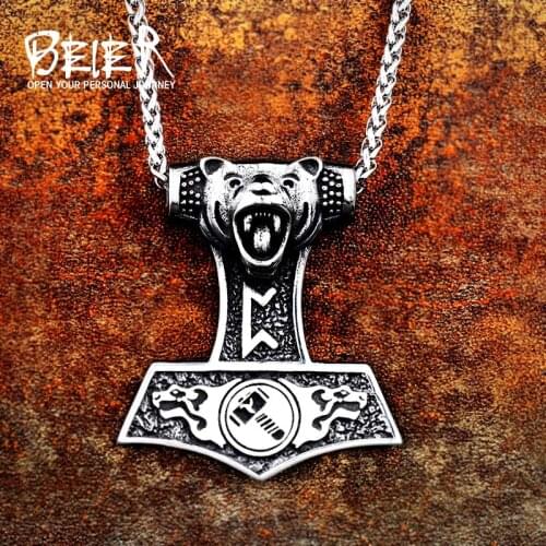 Beier 316L stainless steel Norse Viking Pendant Necklace wolf and Bear head Amulet Odin 's Symbol Original Animal Jewelry LP353