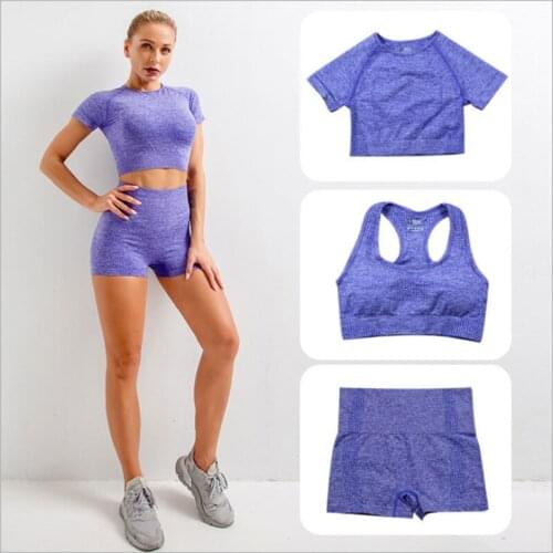 3pcs Seamless Women Yoga Set Workout Sportswear Gym Fitness Polka Dot Bra Short Sleeve Shorts Sets
