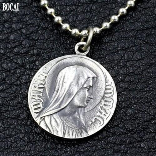 BOCAI New Original Catholic Virgin Mary tag solid S925 pure silver handmade vintage Jesus man and woman round pendant