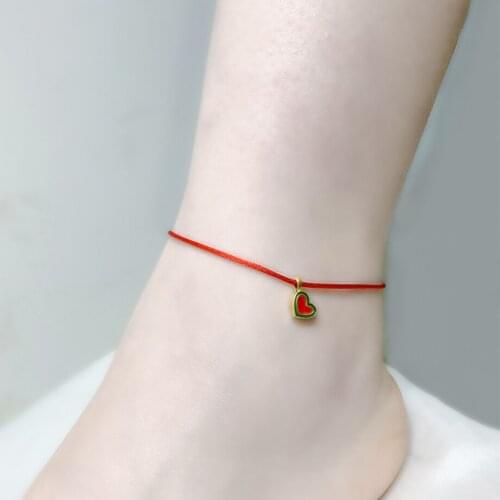 ZHIXI Real 24K Gold Anklet 999 Gold Heart Pendant Adjustable Red Rope for Women Fine Jewelry Gift J572