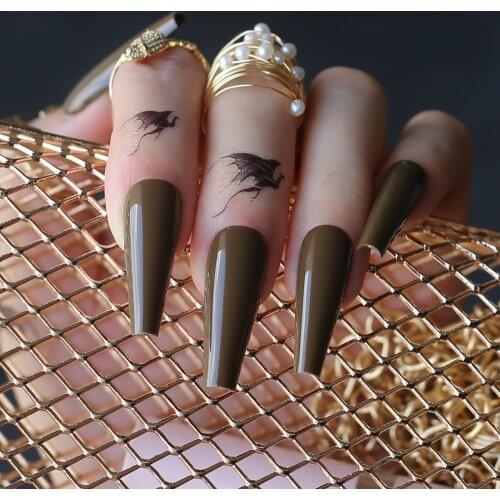 Extra Coffin fasle nails gel Deep olive green Luxury Acrylic nails salon 24pcs fake nails ballet UV glossy reuse