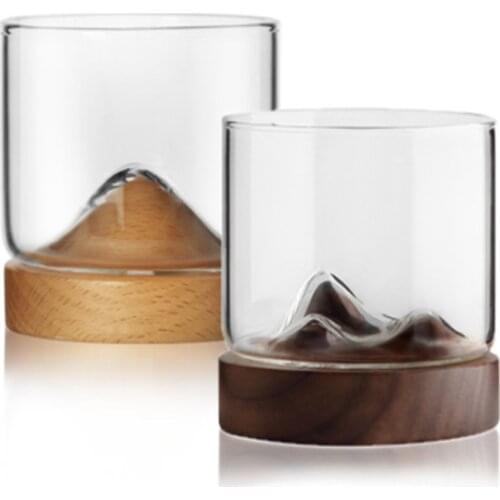 Mountain Whiskey Glass with Wooden chinese tea mug Base Creative Beer Glass Wine Water Tea Cup Whiskey Glasses Set Bar Drinkware