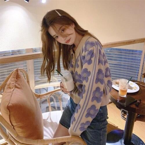 Korean Autumn Winter Preppy Style Sweety Pullover Kawaii Vintage Floral Jacquard Full Sleeve Loose Knitting Sweater For Woman