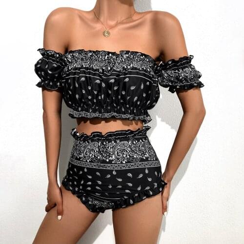 Summer Womens New Fashion Bohemian Style Ruffled Herm Tube Top Sexy Bikini Set Two Piece Split Open Back Beach Wear Swimsuit