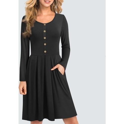 Fashion Wooden Button with pocket Casual Dress Brief Round Neck Elegant Dress HA168