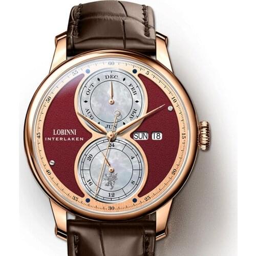 LOBINNI Men Automatic Watch Luxury Mens Watches Self Wind Mechanical Wristwatch Waterproof Sapphire Leather Strap Month Week