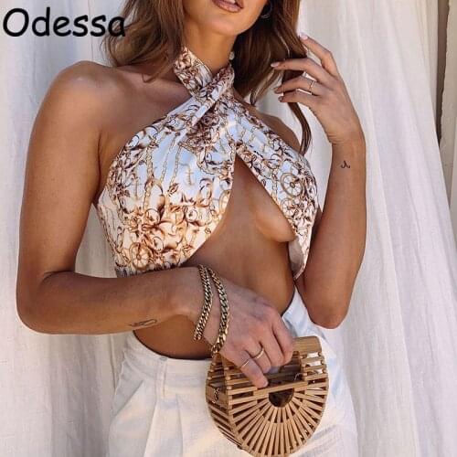 Odessa Vintage Print Bandage Strapless Halter Corset Crop Top Women Sleeveless Y2K Sexy Backless Summer Wrap Short Tanks 2021