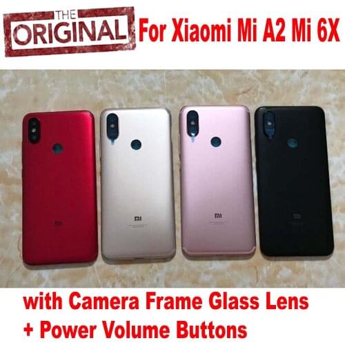 Original Xiaomi Mi A2 MIA2 Mi6X 6X Back Battery Cover Housing Door Rear Case Lid with Camera Glass Lens + Power Volume Buttons
