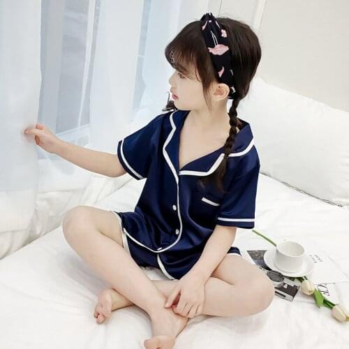 Kids pajamas Boys Girls Summer Faux Silk Pajama set Casual clothing sets Short sleeve Loose Home Suit Pyjamas boy 3y to 16y
