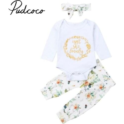 Pudcoco Floral Clothes Set for Newborn Baby Girls Letter Print Long Sleeve Romper + Kids Flower Pants Headband 3PCs Outfits