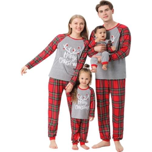 Family Matching Outfits Cartoon Christmas Deer Printed Homewear Mom and Daughter Matching Clothes Grid Pajamas Parent-child Wear