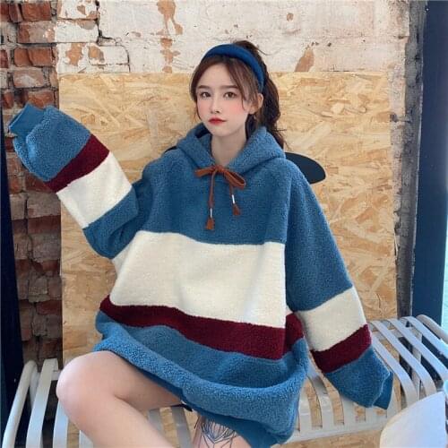 Oversized Hoodies Blue Striped Long Casual Kawaii Harajuku Korean Style Hooded Sweatshirts Winter Womens Pullovers Coat Clothes