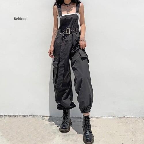 Gothic Black Overalls Womens Cargo Pants Plus Size Sling Bow Belt Dungarees Wide Leg Pants Casual Trousers Plus Size