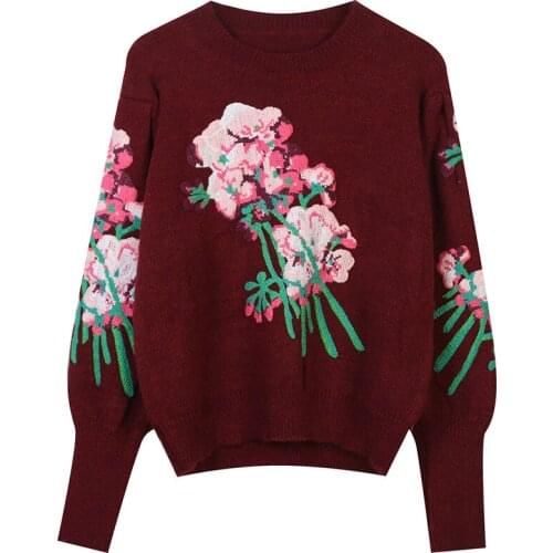 Vintage Thick Sweaters Women Pullovers O-Neck Knit Tops Loose Jumper Jersey Casual Streetwear Floral Embroidery Fashion Korean