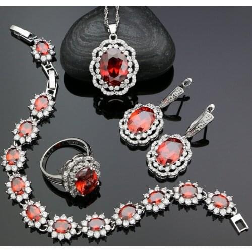 Red Cubic Zirconia 925 Silver Jewelry Kits For Women Anniversary Accessories Earrings/Ring/Bracelet/Necklace/Pendant Sets