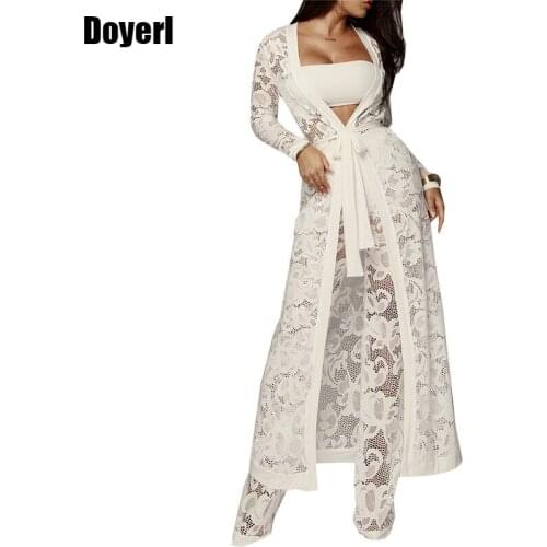 2020 Autumn Winter Outfits Lace 3 Piece Set Women Long Cardigan + Crop Top + White Lace Pants Set Three Piece Outfits Women Set