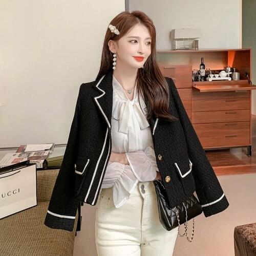 Small Fragrant Wind Coat Woman Tweed Blazer Temperament Short Style Ce Lapel Spring and Autumn Wool Jackets Outwear