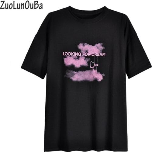 ZuoLunOuBa Summer Fashion Women Black T shirt LOOKING FOR DREAM Ietters Harajuku Short Sleeved Tees Tops