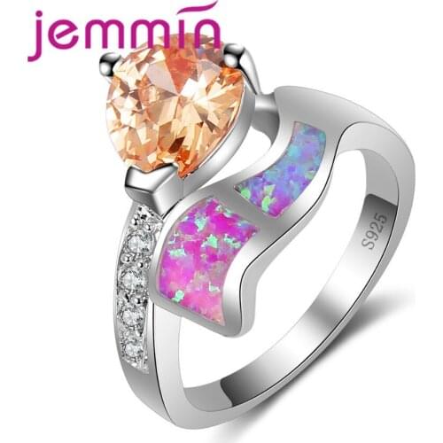925 Sterling Silver Crystal Cut Hot Pink Fire Opal Ring Wedding Engagement Promise Statement Anniversary Jewelry Rings