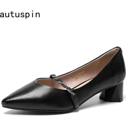 Autuspin Luxury Elegant Pumps Women Pointed Toe Crystak Decoration Thick Heels Casual Shoes Office Lady Party Dress Prom Pump