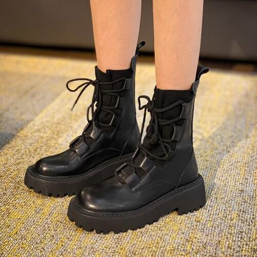 QZYERAI 2021 Black Women Genuine Leather Platforms Shoes Womans Ankle Boots Motorcycle Winter Ladies Fashion Leather Chunky