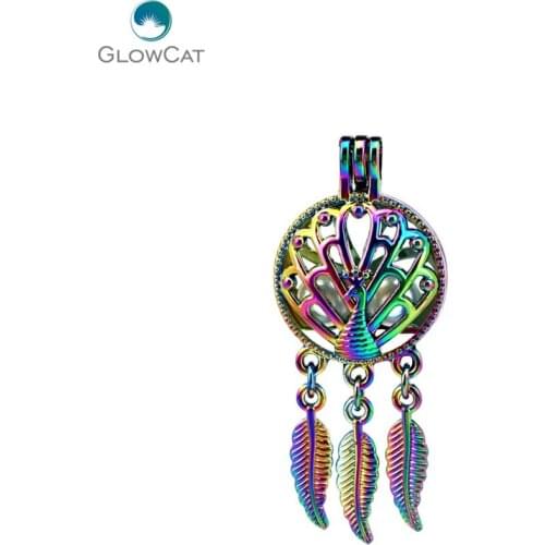 C728 5pcs/lot Rainbow Color Beaty Dream Catcher Peacock Leaf Cage Pendant Pearl Locket Fairytale Party