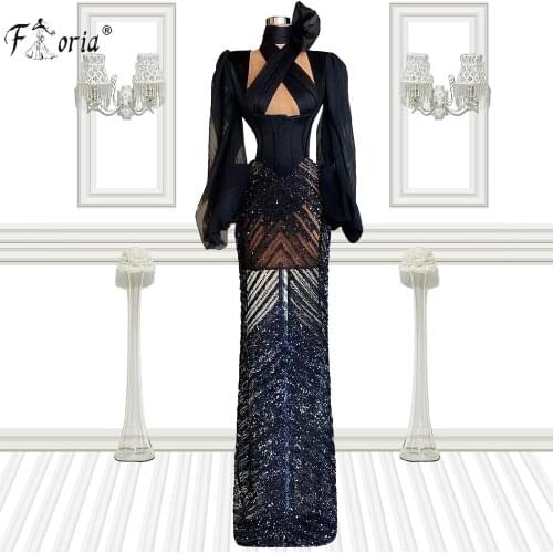 Black Long Prom Dresses Sexy Halter Lantern Sleeves Sequin Beads Evening Gowns Fashion Special Occasion Formal Dress Vestidos