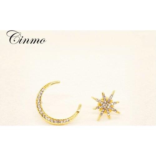 Cinmo Gold Moon Star Asymmetric Piercing Stud Earrings For Women Girls Korean Cute Crystal Earrings Wholesale Party Ear Jewelry