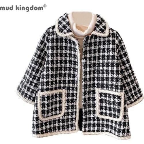 Mudkingdom Fashion Winter Autumn Girls Coat Warm Wool Black Plaid Overcoat for Kids Outerwear Jacket Pocket Toddler Coat Clothes