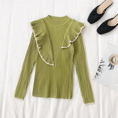 Elegant Casual Black Jumper Female Korean Fashion Sungtin Vintage Knitted Pullovers Women Ribbed Ruffles Loose O Neck Sweater