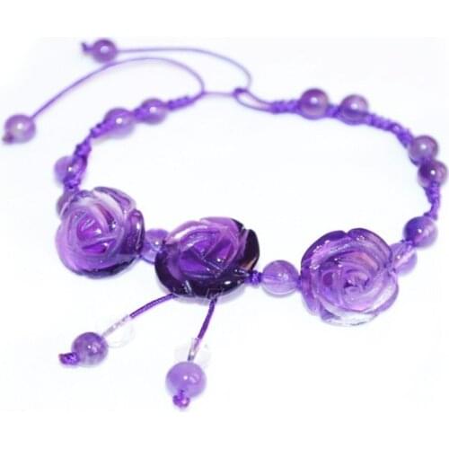 FYJS Unique Anniversary Jewelry Handmade Weave Romantic Flower Natural Purple Amethysts with 8 mm Round Beads Elastic Bracelet