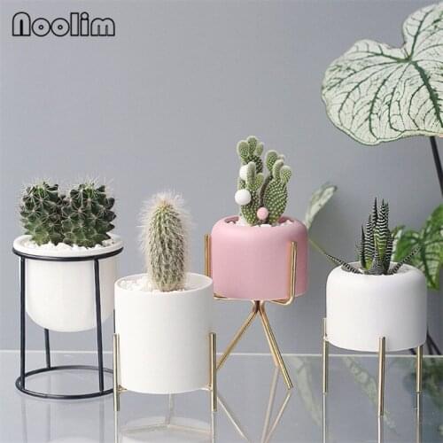 Nordic Flower Pot with Iron Stand Matte Succulents Cactus Planter Metal Bracket Office Tabletop Plants Container Home Decor