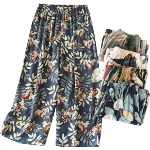 Cotton Satin Wide-Leg Floral Printed Cropped Pants Women Summer Loose Thin Cool Rayon Household Pants Ladies Large Size Homeware